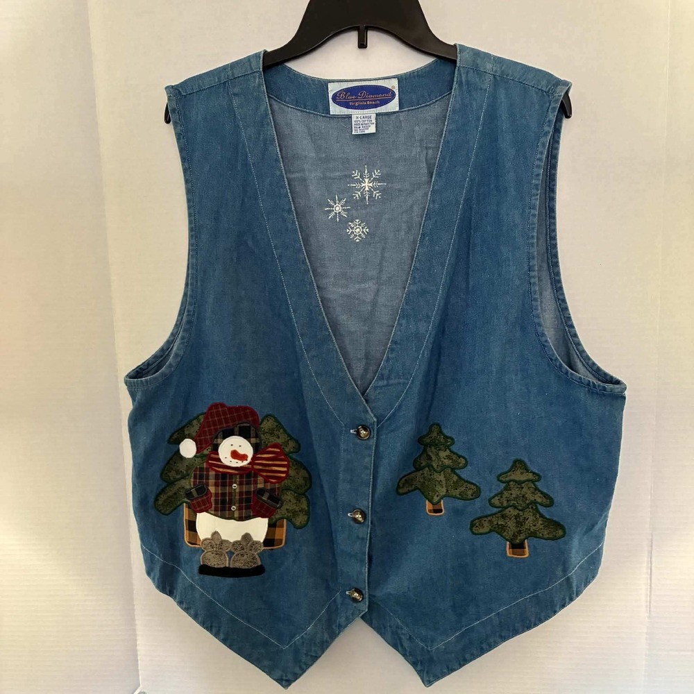 Blue Diamond Denim Vest Womens XL Blue Snowman Christmas Plaid Holiday